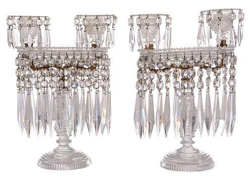 Pair Regency Twin Light Clear Cut Glass Lustres