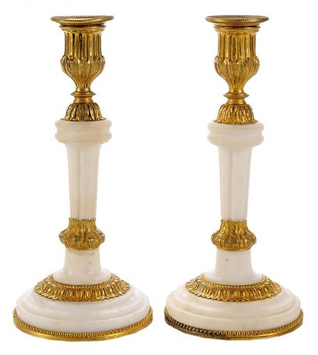 Pair Louis XVI Style Ormolu Mounted White Marble Candlesticks