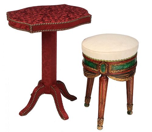 Venetian Style Carved and Polychromed Stool Together with Fabric Upholstered and Brass Studded Side Table