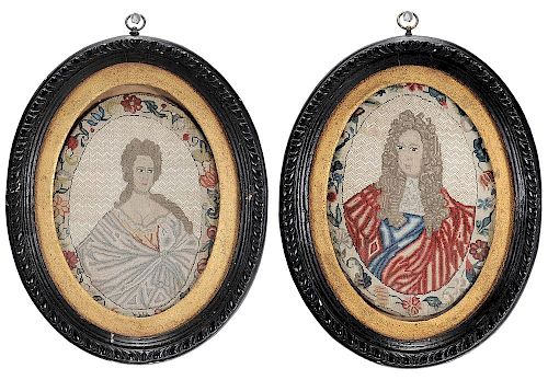 Pair 17th Century Embroidered Portraits