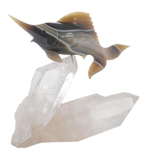 Agate Carving Of A Marlin, Rock Crystal Base