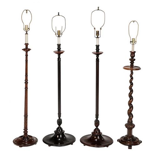 Group of Four Mahogany and Walnut Floor Lamps