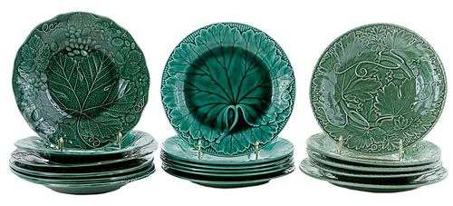 Group of Seventeen Green Pottery Grape Motif Luncheon Plates