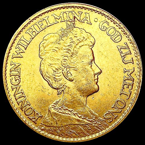 1912 Netherlands .1947oz Gold 10 Gulden CHOICE BU