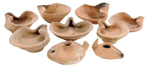 Group of Nine Clay Vessels, Fat Lamps