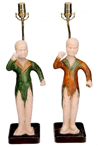 Pair Chinese Tang Dynasty Terracotta Figural Lamps