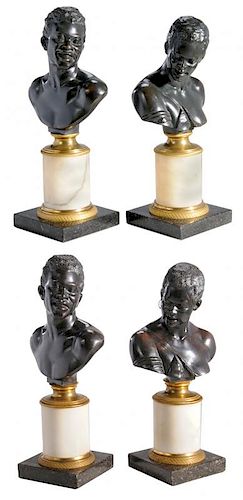 Two Pairs Patinated Bronze Busts of Nubians on Marble Plinths