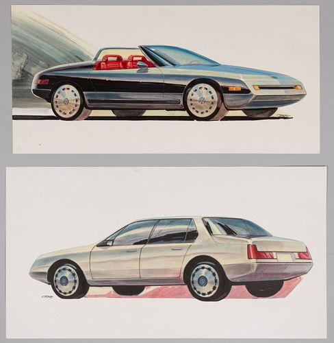 JOHN ORFE (AMERICAN, 20TH CENTURY) ORIGINAL AUTOMOTIVE CONCEPT DRAWINGS FOR VOLKSWAGEN, LOT OF TWO