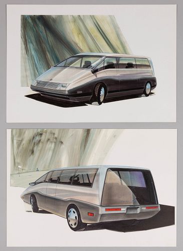 PAIR OF JOHN ORFE (AMERICAN, 20TH CENTURY) ORIGINAL AUTOMOTIVE CONCEPT DRAWING FOR VOLKSWAGEN