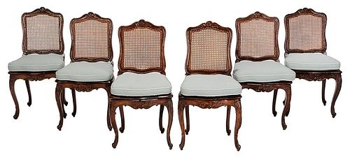 Set of Six Provincial Louis XV Carved and Caned Side Chairs