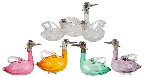 Seven Duck Form Silver And Glass Ewers