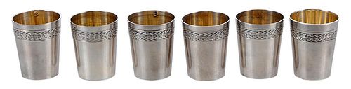 Six Cased French Silver Shots