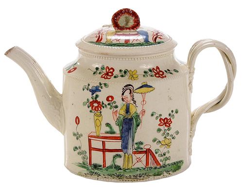 English Creamware Chinoiserie Teapot and Cover