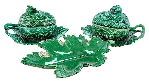 Pair Green Pottery Melon Form Sauce Trays, Leaf Dish