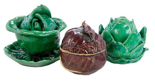 Three Glazed Pottery Vegetable Form Covered Bowls