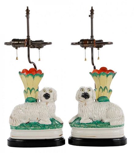 Pair Staffordshire Spaniel Vases Mounted as Lamps