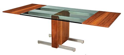 Vladimir Kagan Contemporary Figured Walnut Brushed Aluminum Glass Dining Table