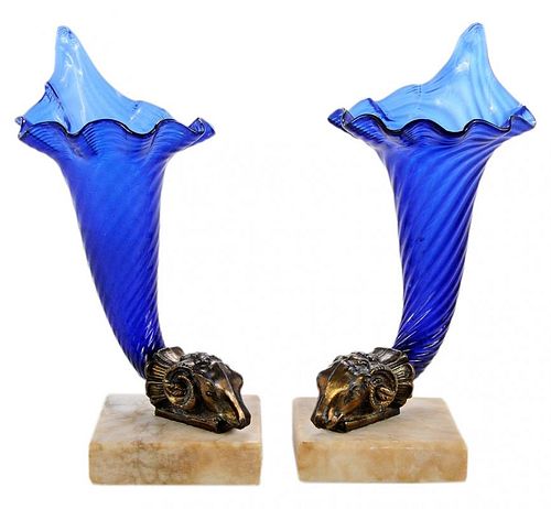 Pair Cobalt Glass Rams Head Cornucopia Vases