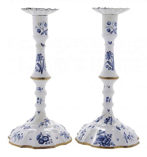 Pair Battersea Enamel Blue and White Candlesticks