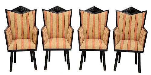 Set of Four Czech Cubist Style Ebonized and Upholstered Arm Chairs