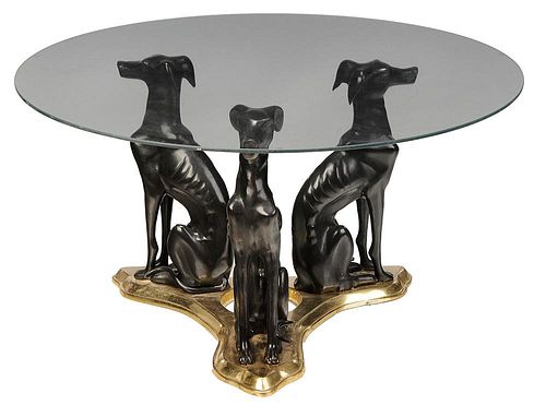 Glass Topped Cocktail Table With Bronze Whippet Base