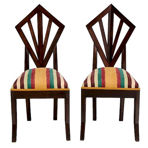 Pair Czech Cubist Style Oak Side Chairs