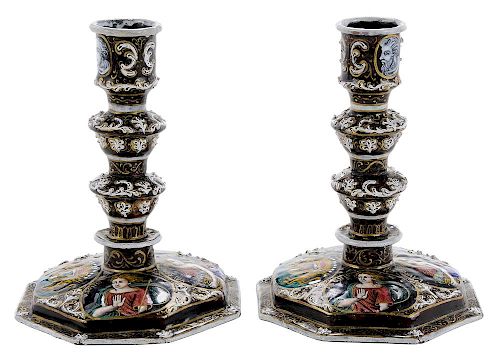 Pair Limoges Enamel Renaissance Style Candlesticks