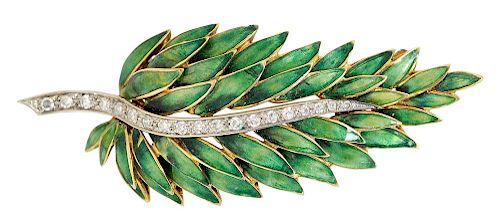 18kt. Diamond & Enamel Leaf Brooch