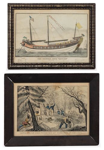 N. CURRIER PLYMOUTH AND CHINESE SHIP PRINTS, LOT OF TWO