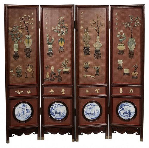Chinese Hardwood Four-Panel Room Screen