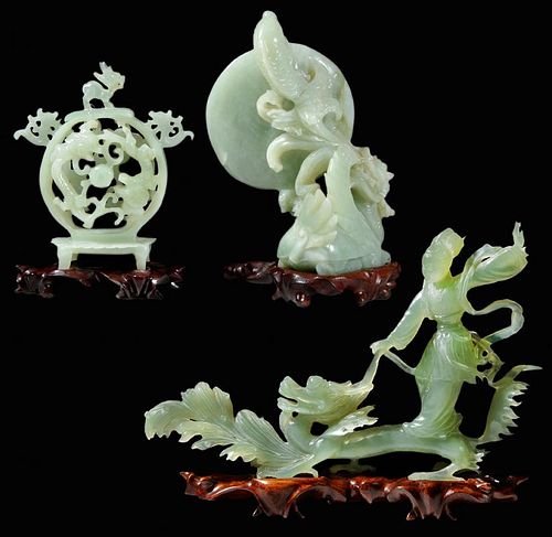 Three Green Hardstone Carvings on Finely Carved Wood Stands