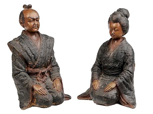 Bronze Kneeling Samurai and Geisha