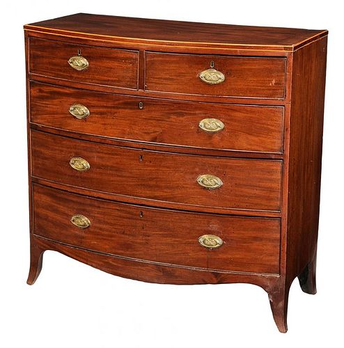George III Inlaid Figured Mahogany Five Drawer Bowfront Chest