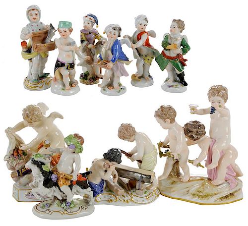Nine Meissen Figurines with one Capo di Monte