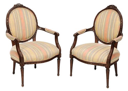 Pair Louis XVI Style Carved Mahogany Upholstered Open Arm Chairs