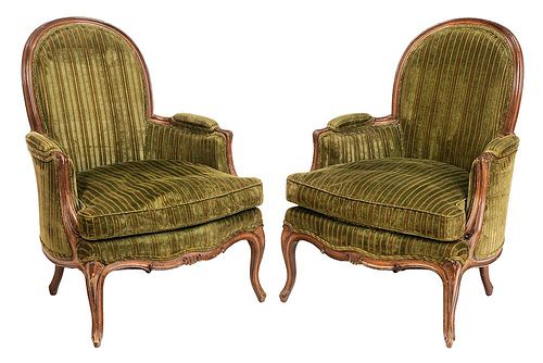 Pair Louis XV Style Carved Beechwood and Velvet Upholstered Bergeres