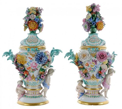 Pair Meissen Porcelain Flowered Urns with Covers