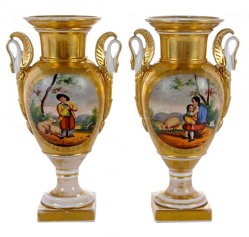 Pair Empire Swan-Handled Porcelain Vases