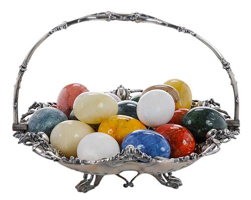 English Silver-Plate Basket with 17 Stone Eggs