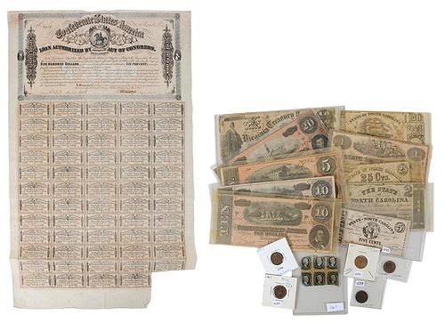 Seventeen Confederate Bills and Tokens
