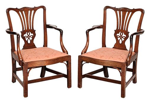 Pair Chippendale Carved Mahogany Open-Arm Chairs