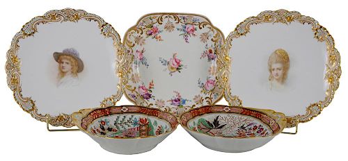 Pair Samuel Alcock Plates and Three English Porcelains