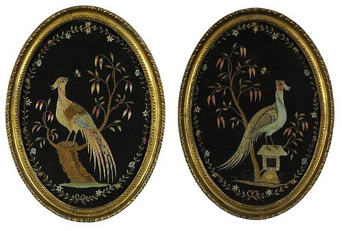 Two Silk Embroidered Bird Panels
