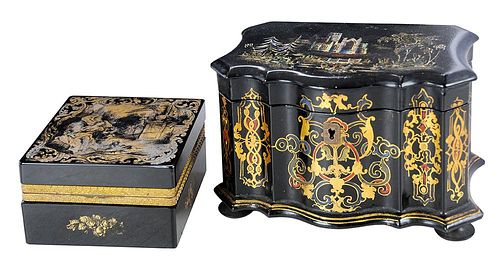 Mother-of-Pearl Lacquered Tea Caddy and a Black Opaline Glass Box