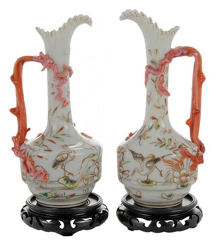 Pair of Glass Ewers With Cranes