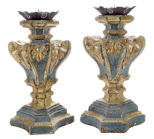 Pair Carved, Painted and Gilt Wooden Candlesticks