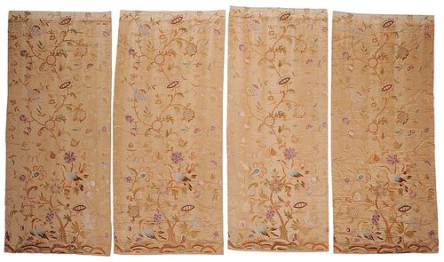 Four Fine Crewel Embroidered Panels
