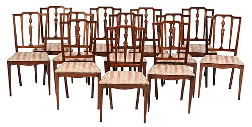 Set of 12 Portuguese Neoclassical Inlaid Rosewood and Mahogany Dining Chairs
