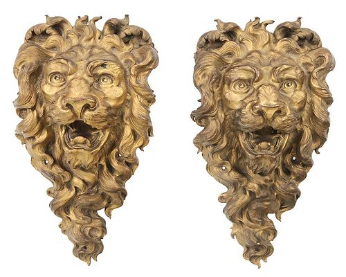 Pair Large Gilt Bronze Bearded Lion-Mask Architectural Mounts