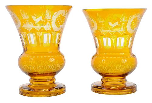 Pair Amber Cut-to-Clear Glass Mantle Vases